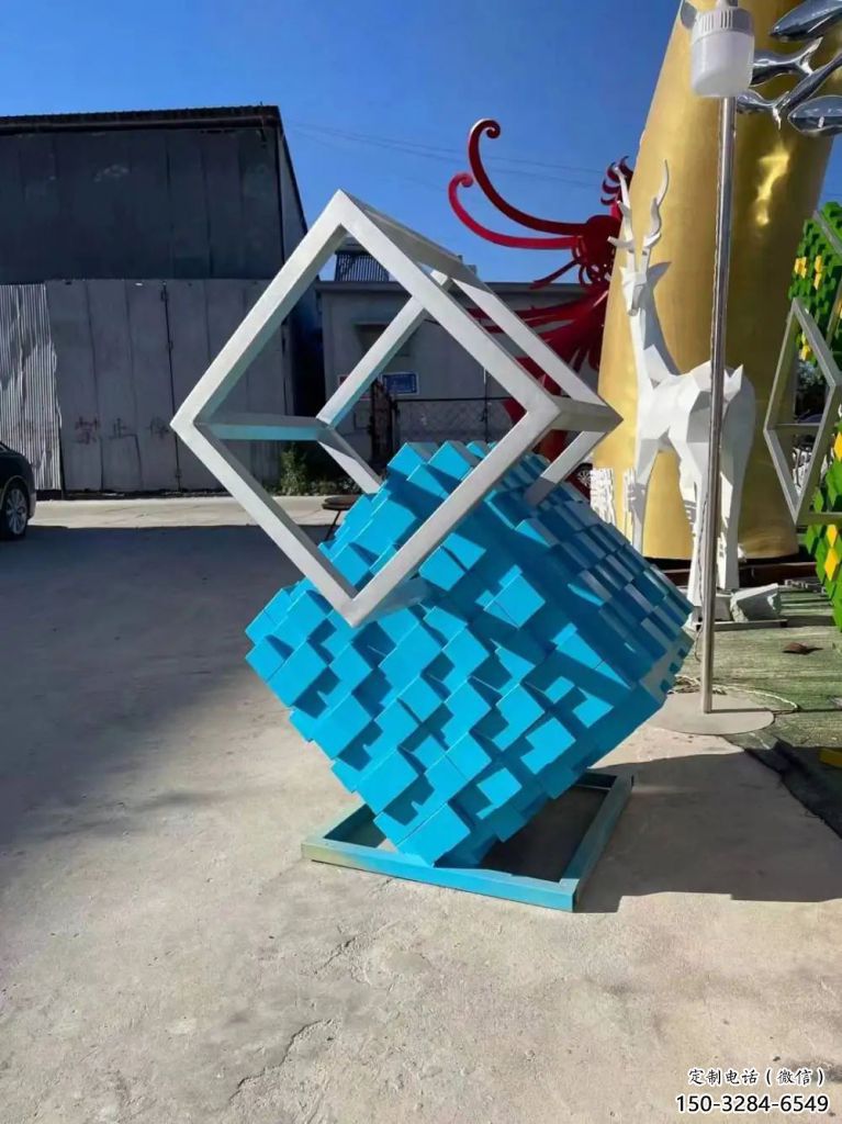 農(nóng)村積木雕塑 抽象藝術擺件 烤漆雕塑