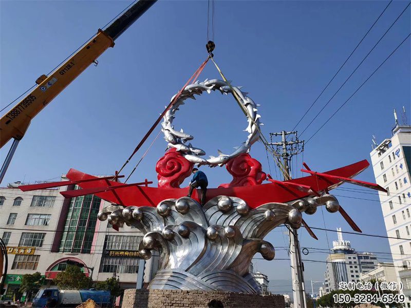 彩繪龍舟雕塑 電鍍現代劃槳雕塑 公園競賽雕塑