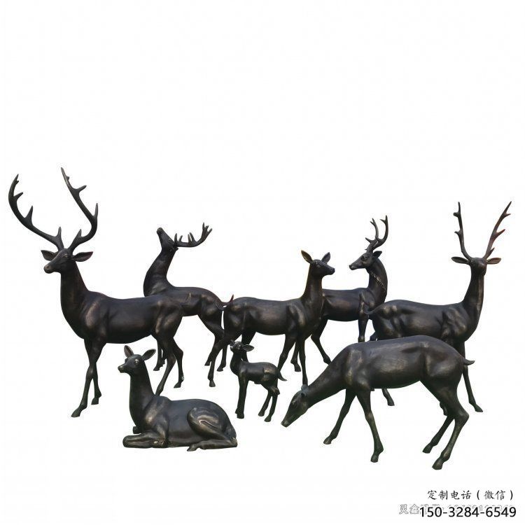 銅梅花鹿雕塑展品，鑄銅組合，梅花鹿銅雕塑常用