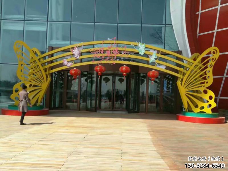 長春蝴蝶拱門雕塑，鏤空烤漆效果，不銹鋼小區(qū)標(biāo)識雕塑