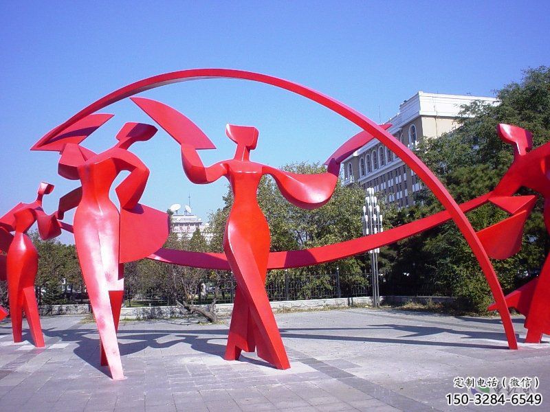 西夏扭秧歌雕塑，民俗舞蹈雕塑，不銹鋼抽象音樂(lè)人雕塑