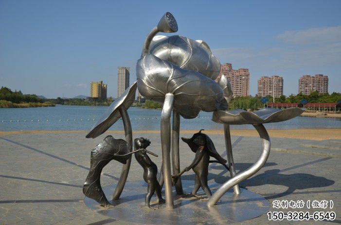 囊謙蓮蓬嬉戲雕塑，城市植物景觀雕塑，不銹鋼鏡面效果